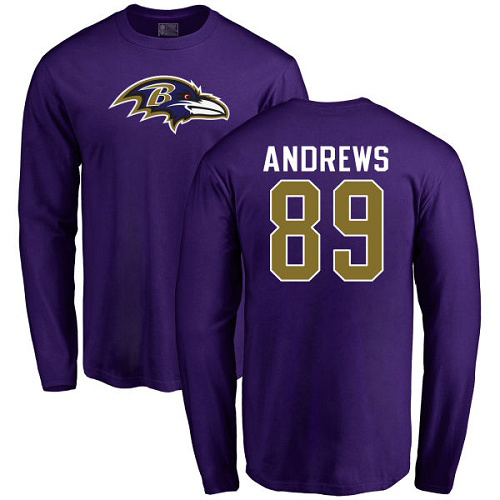 Men Baltimore Ravens Purple Mark Andrews Name and Number Logo NFL Football #89 Long Sleeve T Shirt